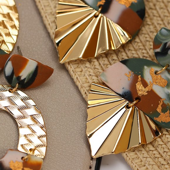 Boho Clay Abstract Gold Accent Fan Dangle Earrings - Picture 6 of 7